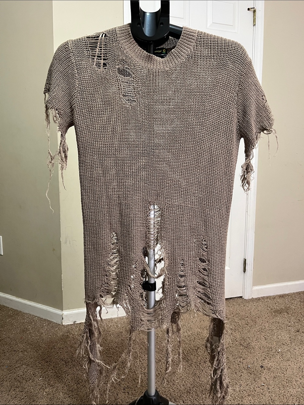Distressed Short Sleeve Knit Top - Taupe